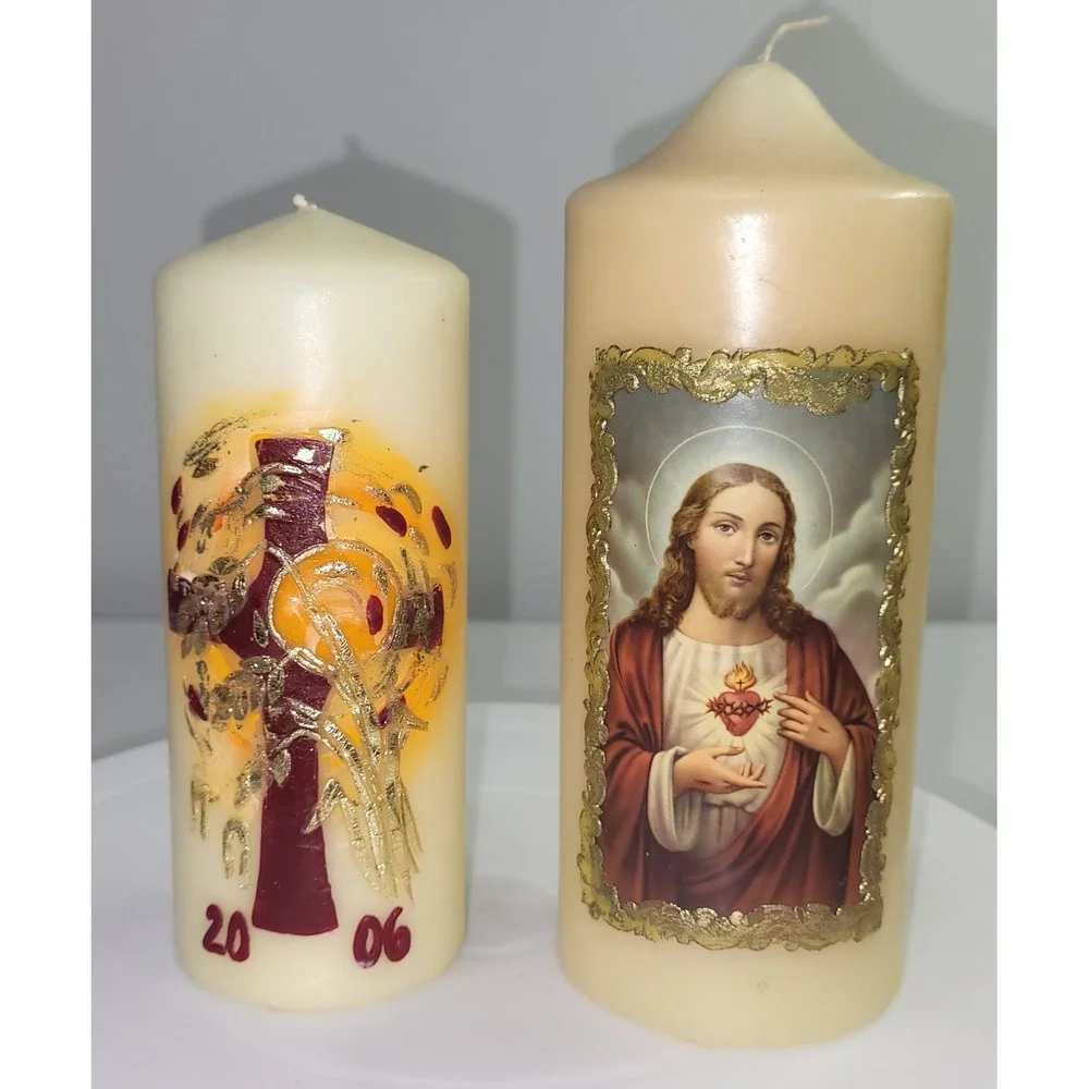 Vintage Religious Pillar Candles Sacred Heart Jesus Cross 2006 Cream Set of 2